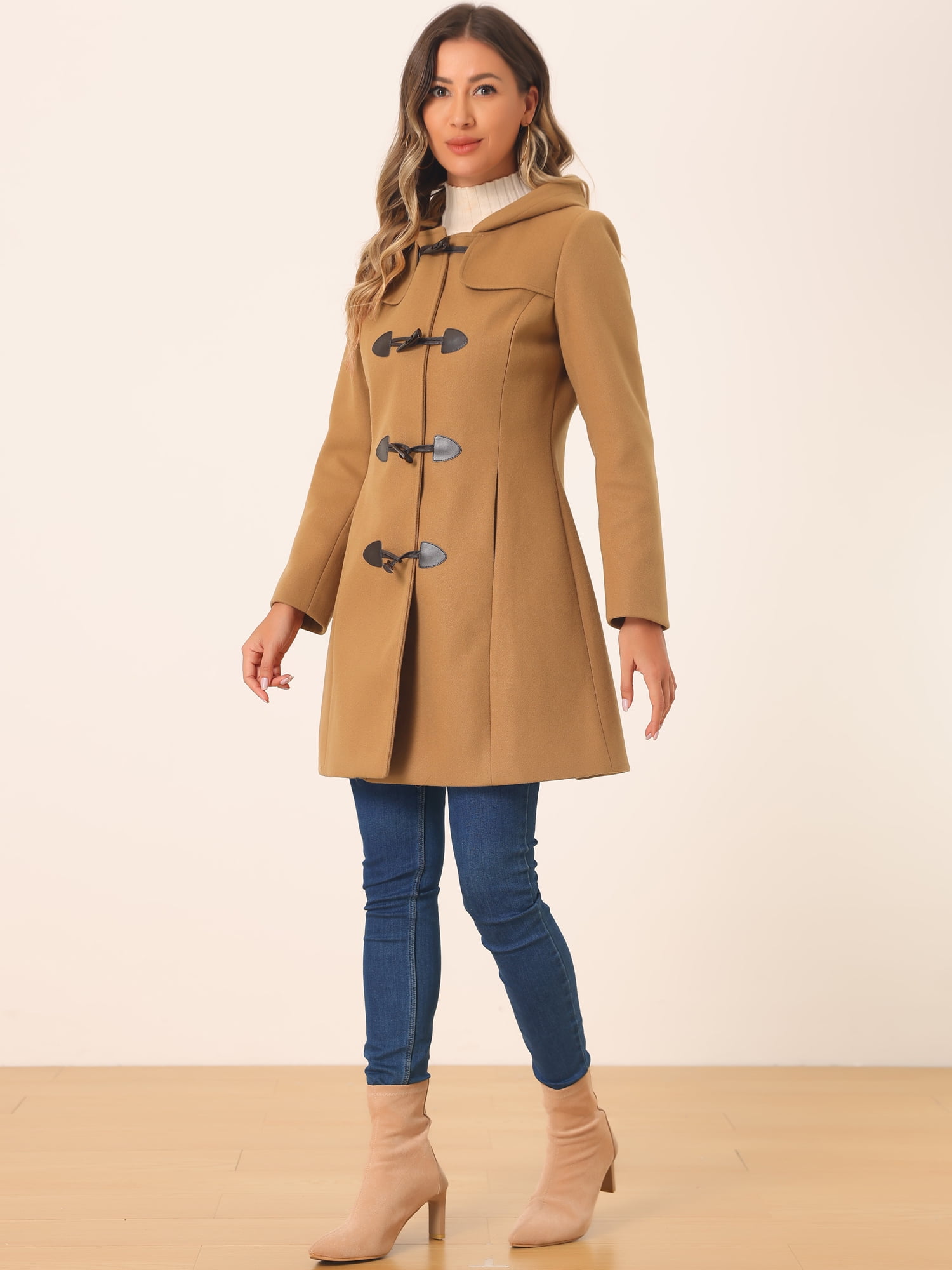 DARING DIVA Women's Hooded Toggle Button Up Duffle Coat Winter Outwear Camel XL