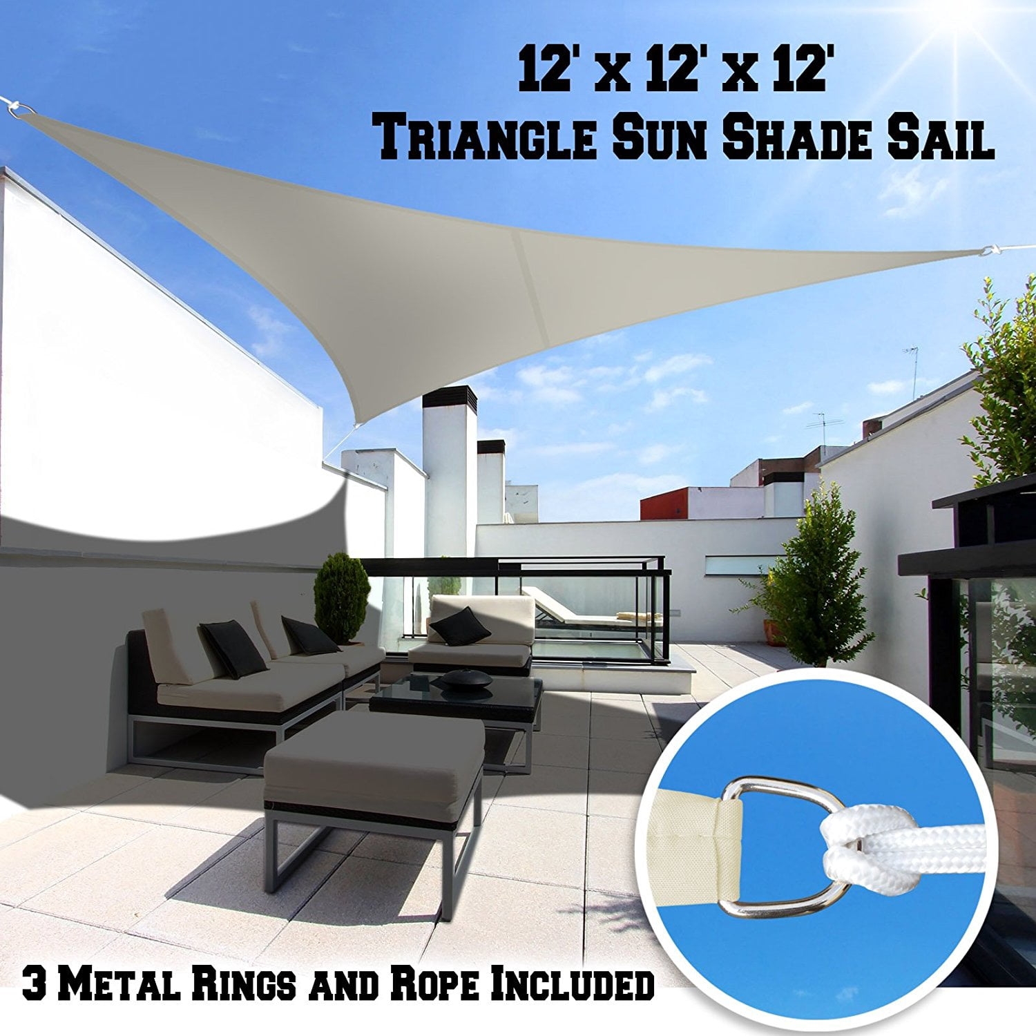 Sunrise Outdoor Sun Shade Sail 12'x12'x12' Triangle UV Top Cover Canopy - Ecru