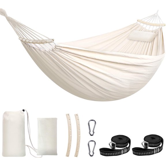 Cotton Hammock 8.9x4.9ft Holds Up to 660lbs Prevents Side-Tipping | Soft Fabric Tree Hammock Camping with Bag Detachable Spreader Bar Pillow 2 Strong Webbings 2 Carabiners Indoor Outdoor Garden