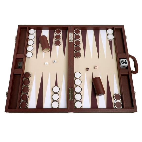 Wycliffe Brothers 23-inch Backgammon Set with 1.75-inch Nickel Checkers - Brown Case with Beige Field - Prestige Class