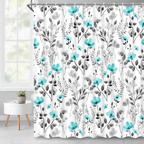 Ikfashoni Teal Flower Shower Curtain with Hooks,13pc Gray Waterproof Fabric Bathroom Curtain, 72"X72"