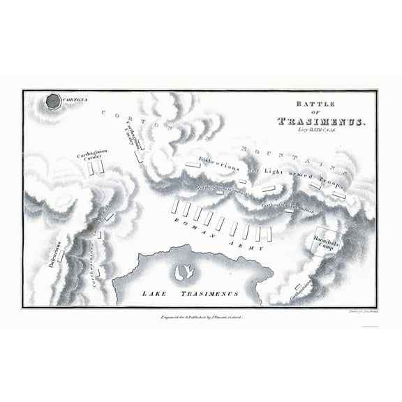 Historic War Map - Lake Trasimene Italy Battle - Oxford 1828 - 36.35 x 23 - Vintage Wall Art