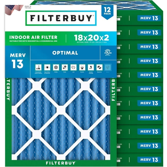 Filterbuy 18x20x2 MERV 13 Health Defense, Pleated HVAC AC Furnace Air Filters (12-Pack)