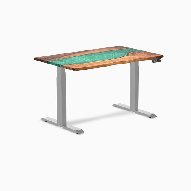 Desky Bureau Assis-Debout en Bois Dur à Double Résine - Noyer Naturel Rivière Émeraude / 48 x 30 Pouces / Gris