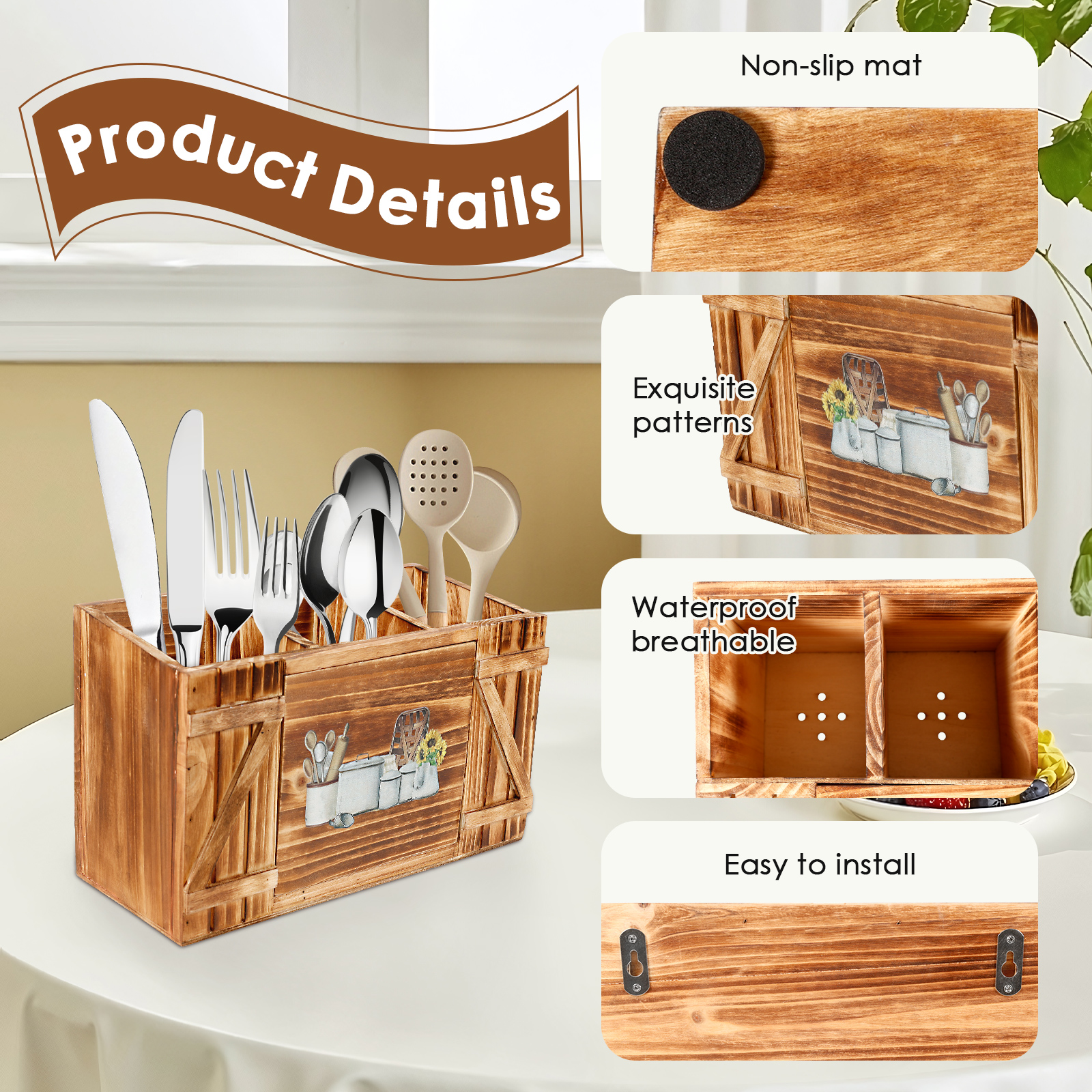 Tzdxfgl Wood Kitchen Utensil Holder for Countertop, Silverware Organizer with 3 Compartments, Large, Brown Sunflower