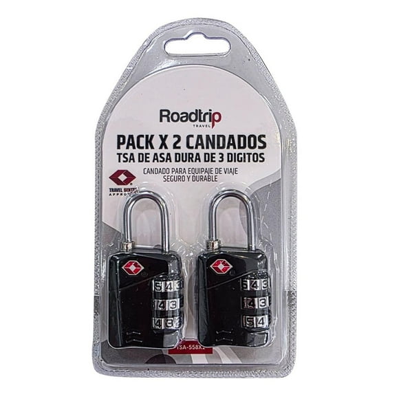 Pack x2 candados Roadtrip TSA de asa dura, 3 dígitos, negro