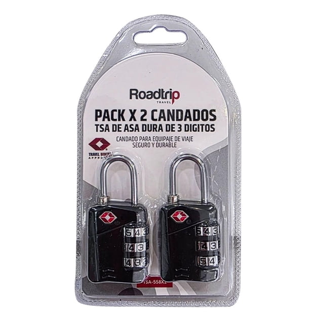 Pack x2 candados Roadtrip TSA de asa dura, 3 dígitos, negro