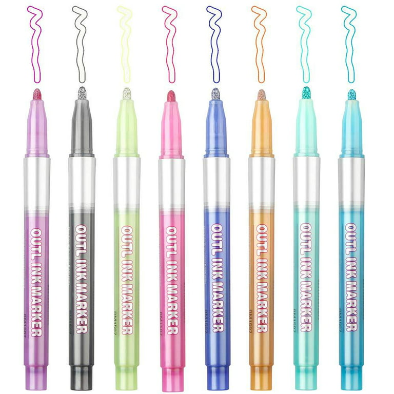 TEOYALL Self-Outline Markers, 12 Color Double Line Outline Pens Metallic  Permanent Pens for Painting Drawing Gift Cards