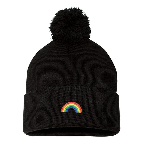Adult Rainbow Embroidered Knit Beanie Pom Cap