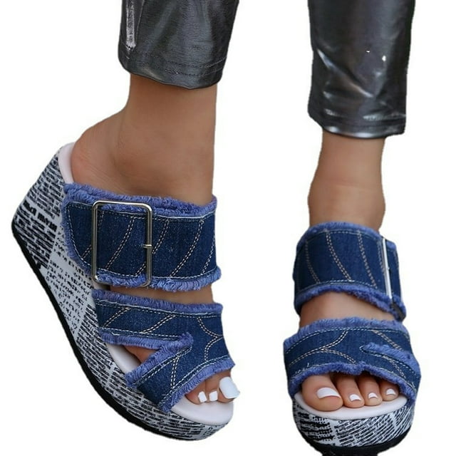 Sandales à Plateforme Compensée en Denim pour Femmes, Mode Décontractée, Talon Haut Épais, Pantoufles à Enfiler pour Femmes 2025