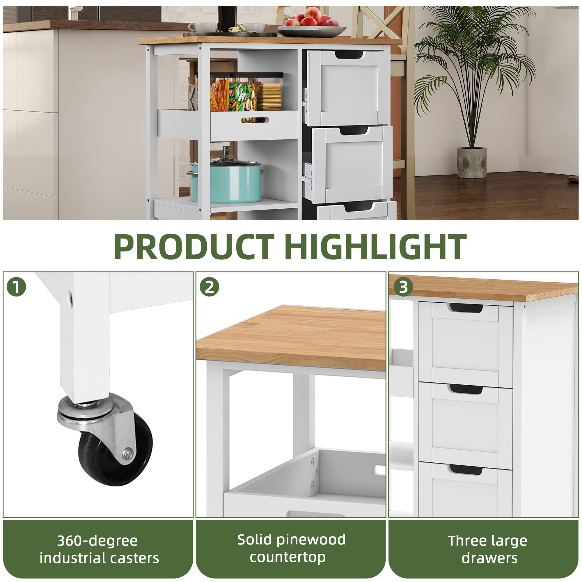 Uforic Wood Rolling Kitchen Cart, Mobile Storage Trolley with Drawers & Shelves, Solid Wood Top & Lockable Casters, White