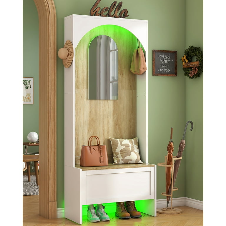 LED Arched Hall Tree with Bench and Storage, Entryway Bench with