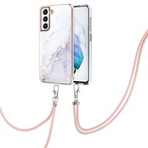 Allytech Galaxy S21 FE Case, Flexible TPU Marble Pattern Slim Fit Anti-scratch Shock-absorbing Full Protection Back Cover with Hand Strap Lanyard Case for Samsung Galaxy S21 FE, White