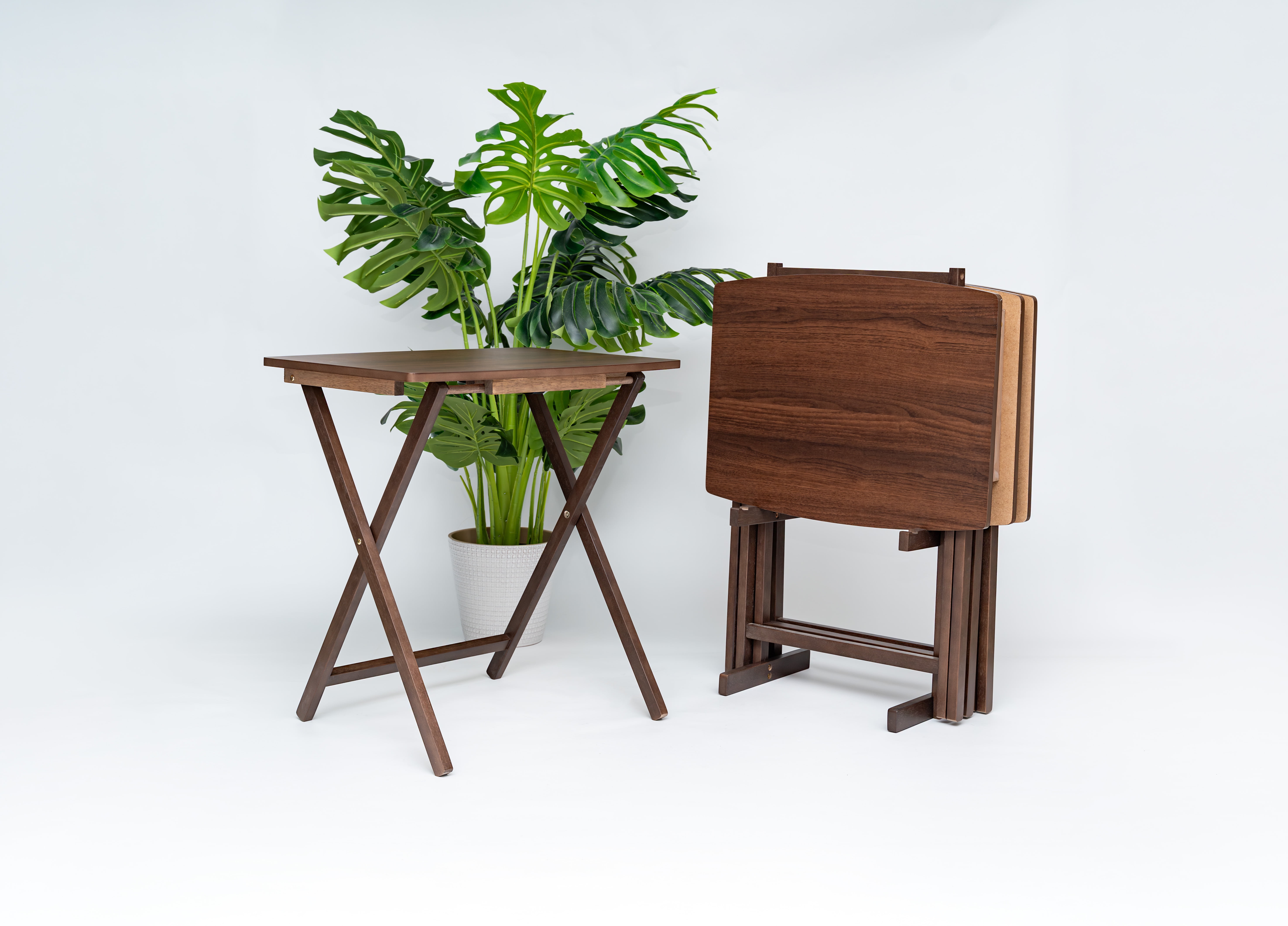 Mainstays 5-Piece XL Solid Rubberwood Folding TV Tray Set with Storage Rack, Walnut