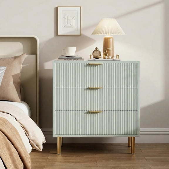 Modern 3 Drawer Fluted Nightstand with Gold Handles and Legs, Bedside Table with Storage for Bedroom and Living Room,Green