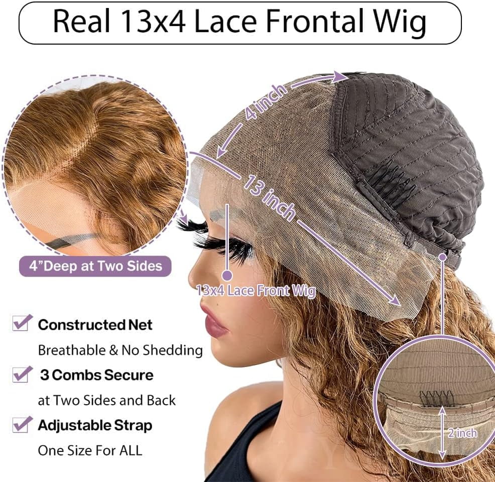 SUCS Short Curly Honey Blonde Bob Wig Lace Front Human Hair Wigs For Women Light Brown