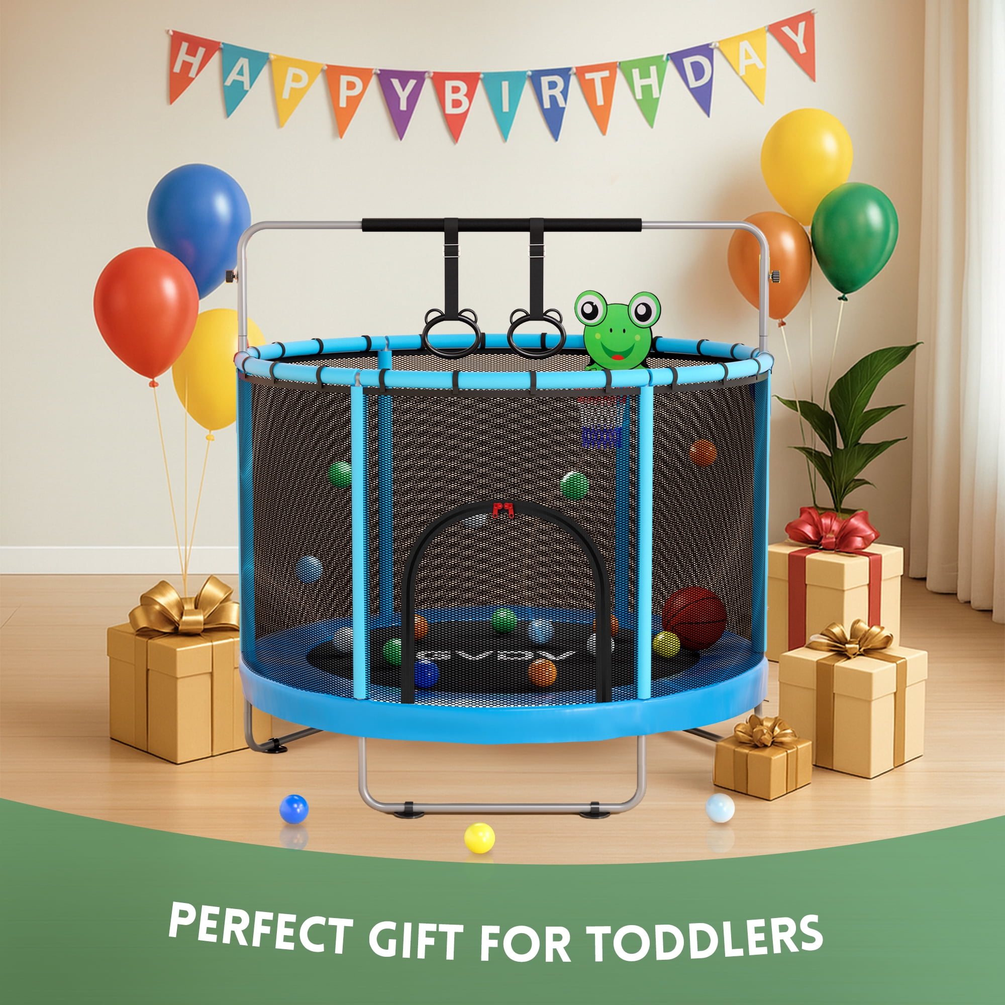 Trampoline for Kids, 60" Toddler Mini Trampoline with Enclosure Net, Basketball Hoop