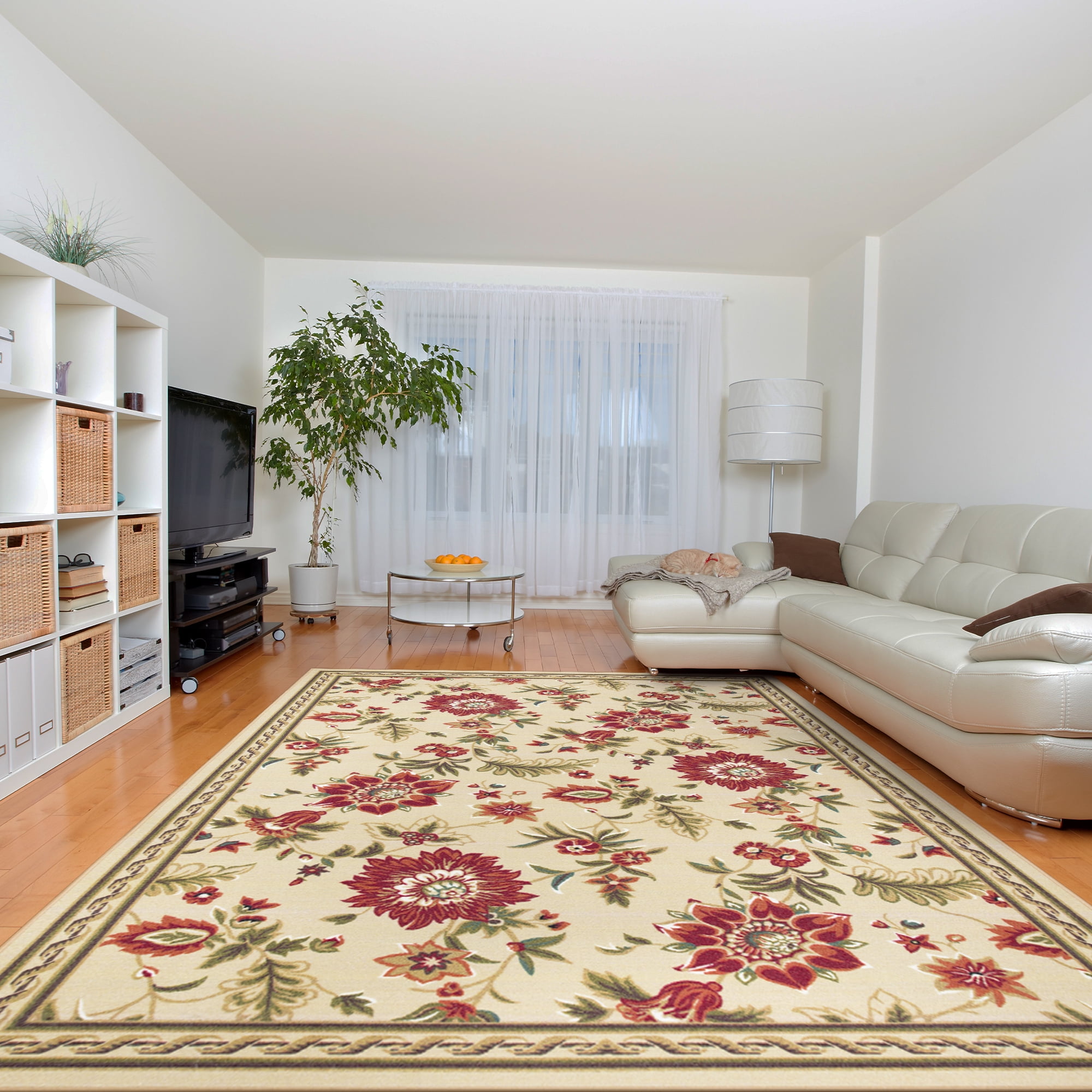 Ottomanson Non-Slip Area Rug for Living Room 6'6" x 9'2" Durable Low Profile Carpet, Beige Floral