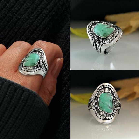 YYKihy Leaf Turquoise Ring Tree Leaves Pattern Chalcedony Ring Personality Exaggerated Retro Turquoise Ring
