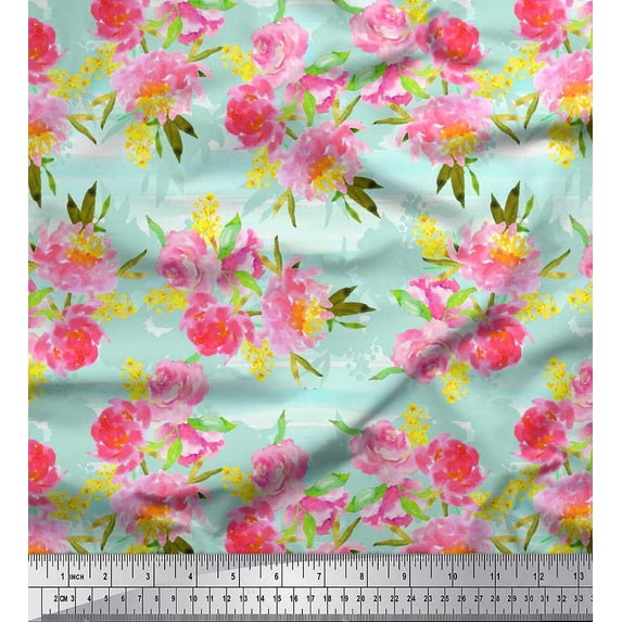 Soimoi Silk Fabric Flower & Leaves Watercolor Decor Fabric Printed Yard 42 Inch Wide