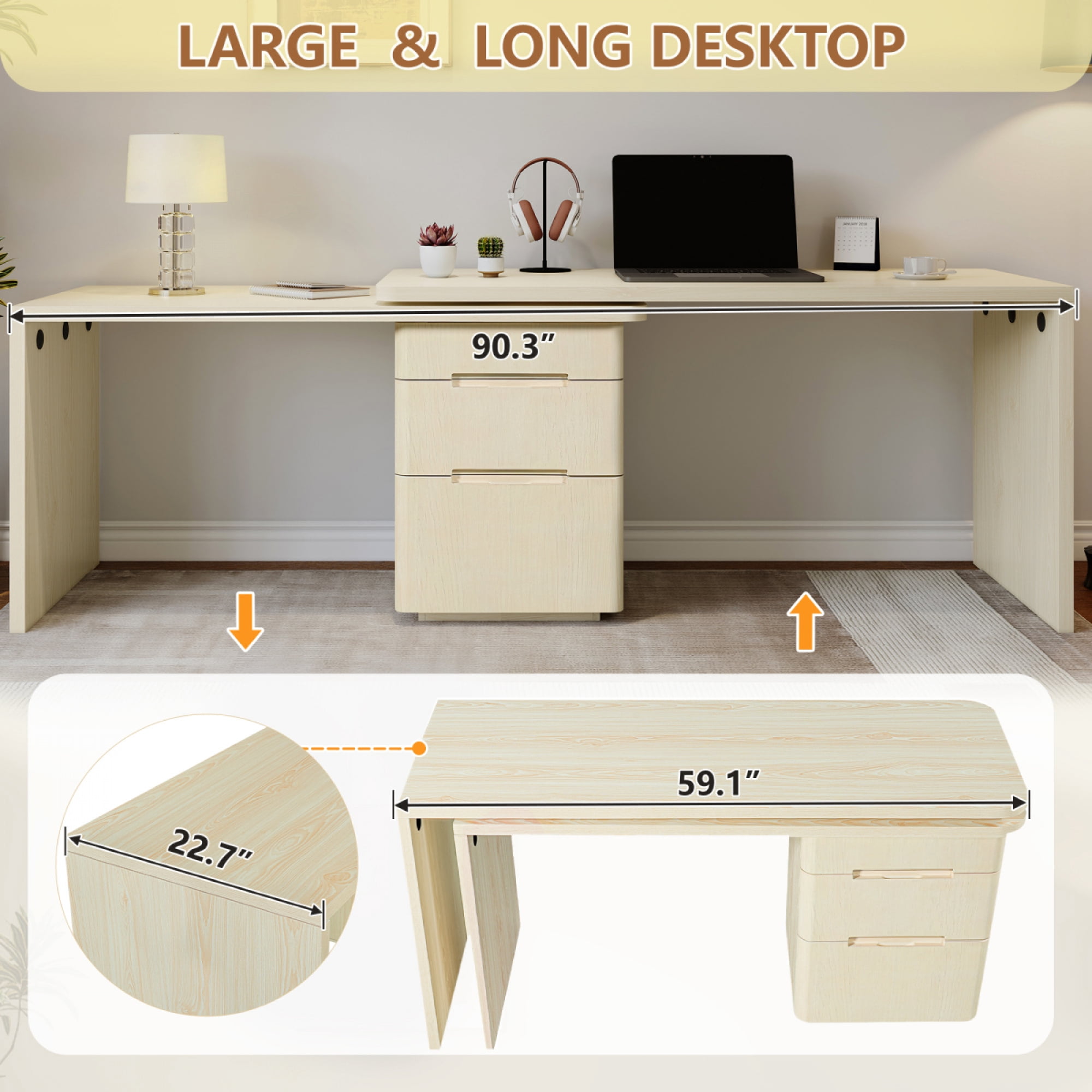 90" Modern L-Shaped Walnut Desk 360° Rotating Corner Executive Desk with 3 Drawers for Home Office,Natural Wood