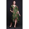 thumbnail image 3 of Bimba Cotton Green Leaves & Begonia Floral Printed Ladies Asymmetrical Pocket ShiftÂ&nbsp;DressÂ&nbsp;Short Sleeve V Neck MidiÂ&nbsp;Dress-XX-Large, 3 of 4