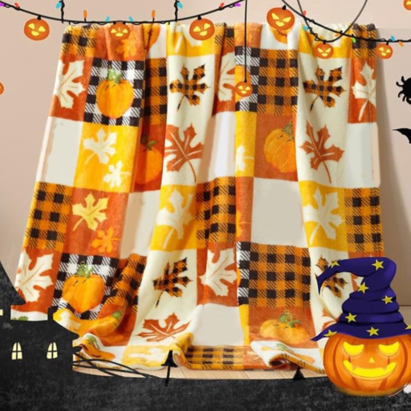 Couverture Polaire Automne/Halloween 130x150 Cm - Motif Citrouille Feuilles, Douce Et Chaude, Pour Canapé, Lit, Décoration Saisonnière
