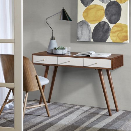 UPC: 0086569255648 | Madison Park Mid-century Modern Wood Writing Desk Table with 3 Drawers Stroage Space in White/Pecan