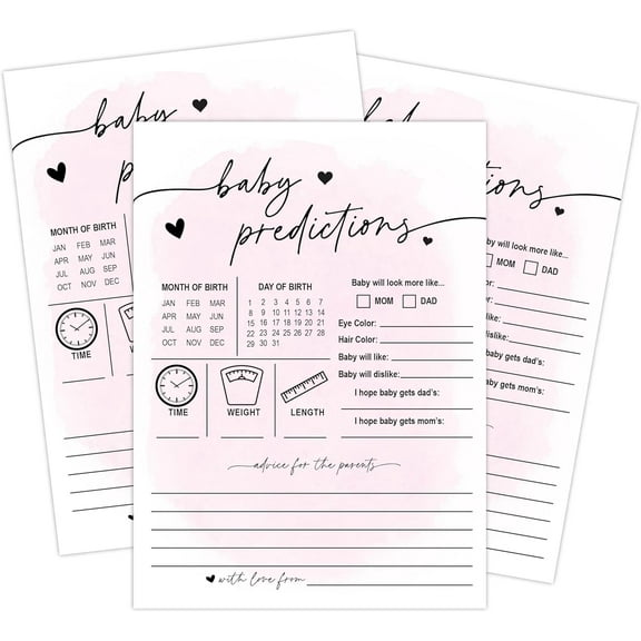 50 Baby Predictions Cards - Minimalist - Baby Shower Game, New Mom & Dad Card, New Parent Message Advice Book, Fun Party (Pink)