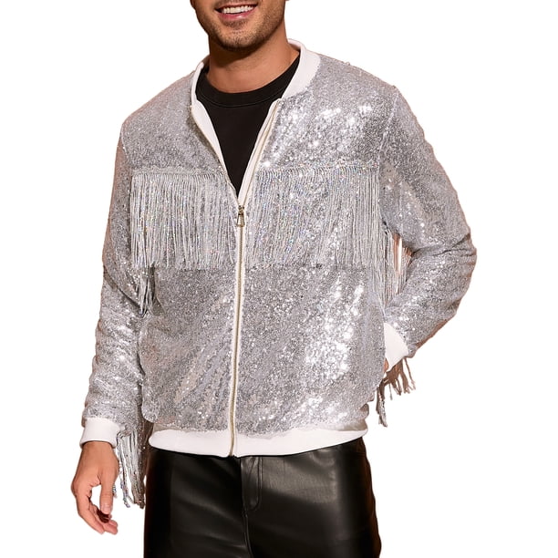 Chaqueta Varsity Brillante INSPIRE CHIC para Hombre con Cremallera, Chaquetas de Béisbol Bomber con Lentejuelas Brillantes de Disco de los 70, Plateada