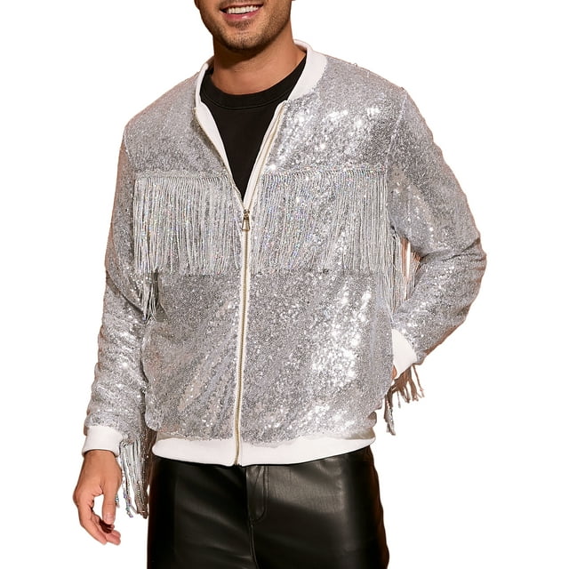 Chaqueta Varsity Brillante INSPIRE CHIC para Hombre con Cremallera, Chaquetas de Béisbol Bomber de Lentejuelas Brillantes de los 70, XL Plateado