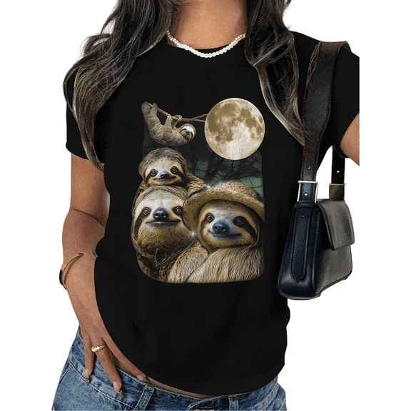 Women's Crew Neck Printed Cotton Tee Sloth Group Moonlit Graphic Casual Loose T Shirt Graphic Tees Tops Black S-5XL