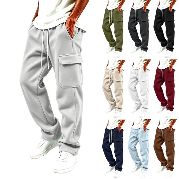 Eygvbb Men's Cargo Sweatpants Elastic High Waist Drawstring Loose Fit Winter Warm Pants With Pockets Casual Outdoor Daily Wear Bottoms