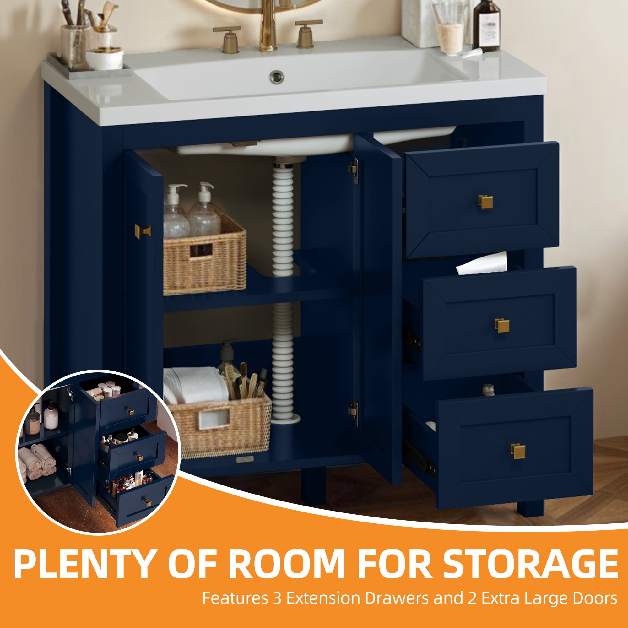 Craftian 36'' Modern Bathroom Vanity with Sink Combo, Freestanding Bathroom Storage Cabinet with Drawers & Doors, Blue