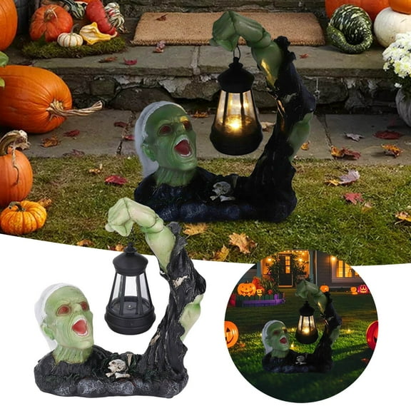 Zombie Lantern Bust Statue Outdoor Halloween Decor Resin Crawling Zombie Ornament with LED Light for Garden Yard Lawn Haunted House Graveyard Spooky Party Decoration