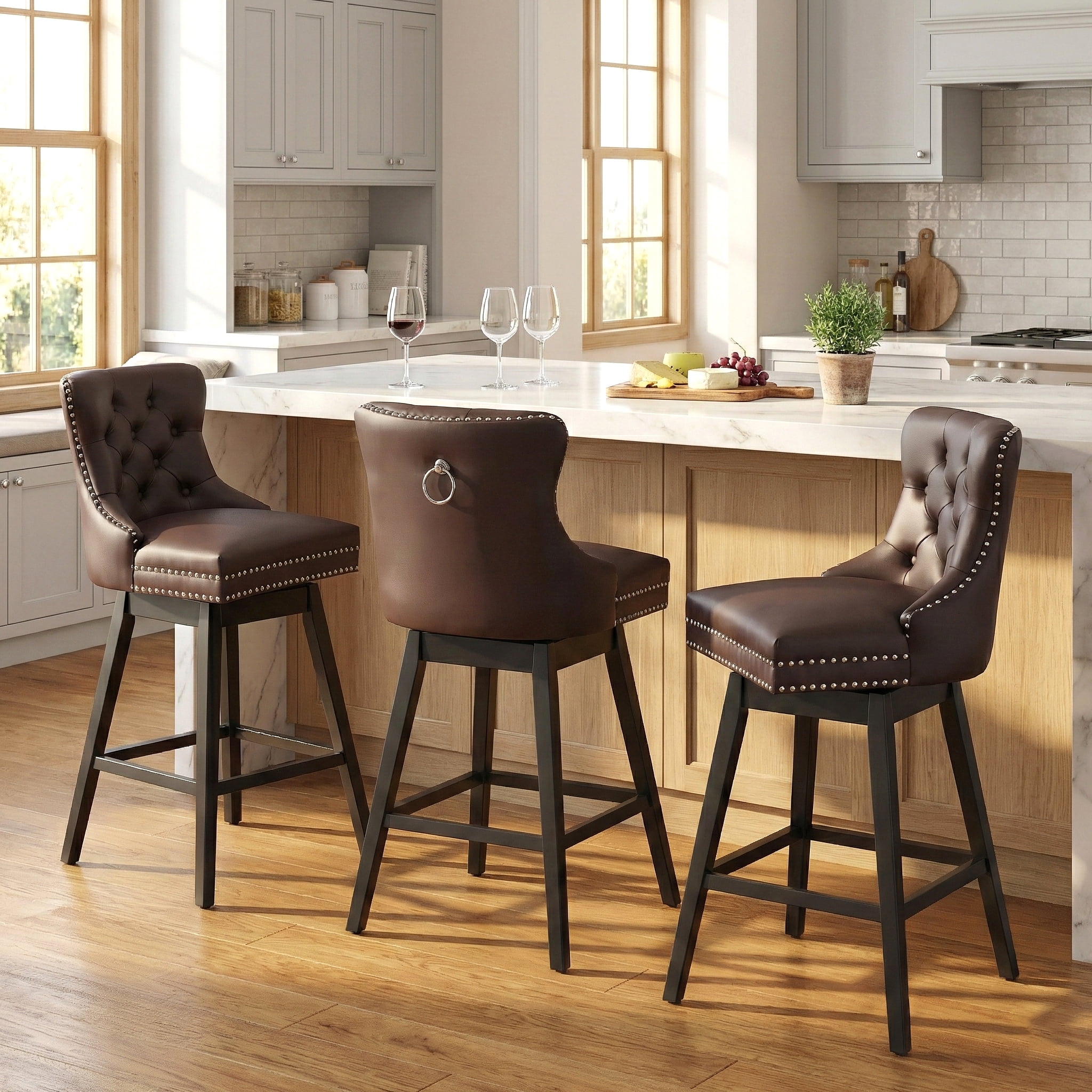 TEWLOSS Swivel Bar Stools Set of 3, 30" Bar Height Faux Leather Chairs with Back for Home Bar, Brown