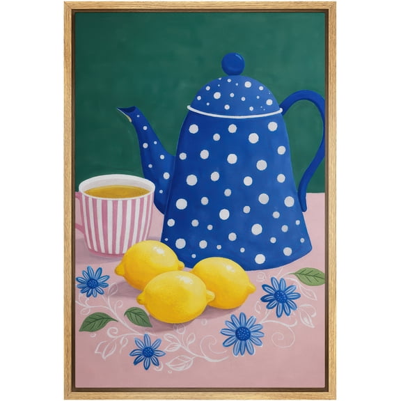 Framed Canvas Print Wall Art Tea Time with Lemons and Blue Pot Relaxing Modern Art for Living Room, Bedroom, Office - 16"x24" NATURAL