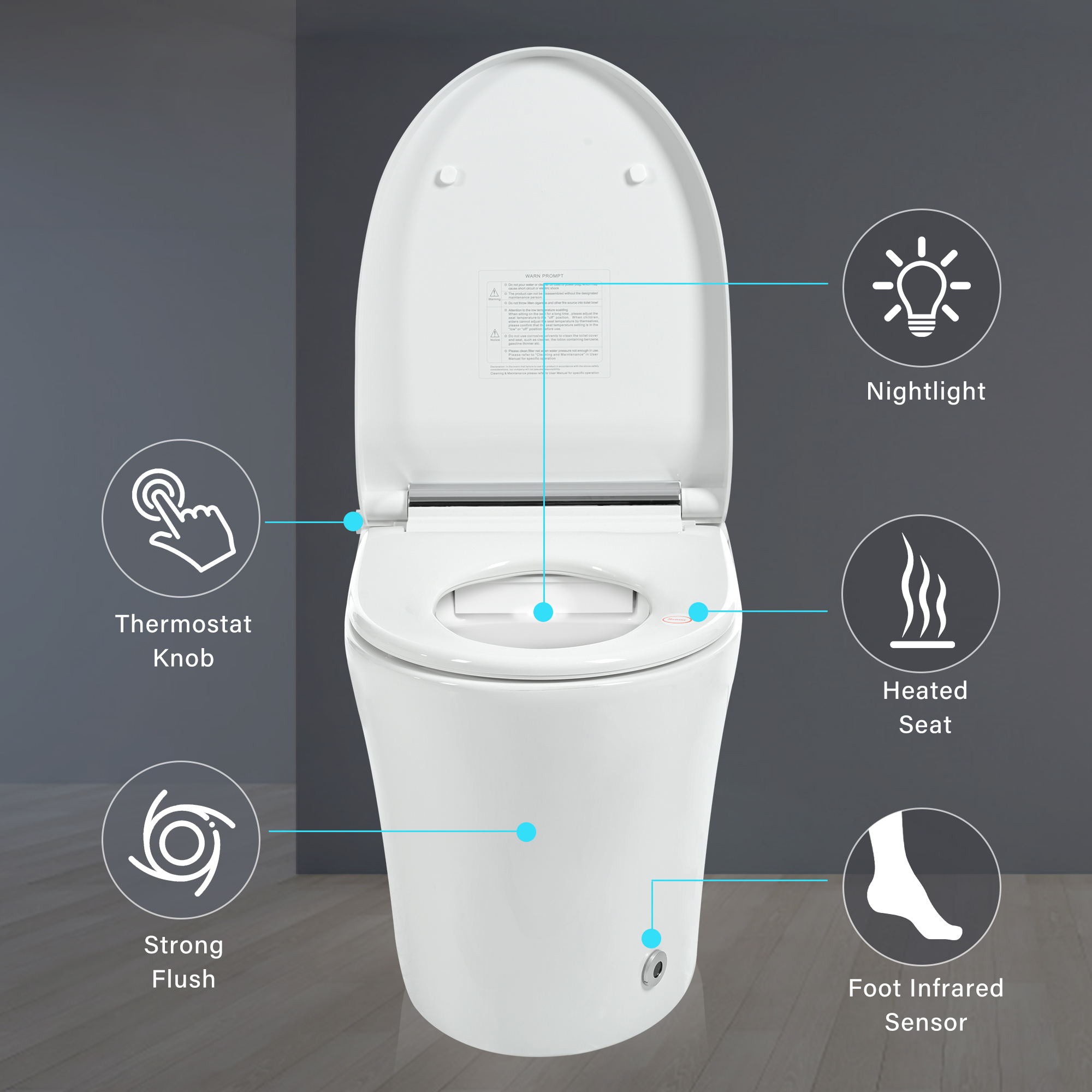 Alvantor Smart toilet with Built-in Heated Seat, Elongated Toilet with Auto Flush, Foot sensor Flush, Night Light White