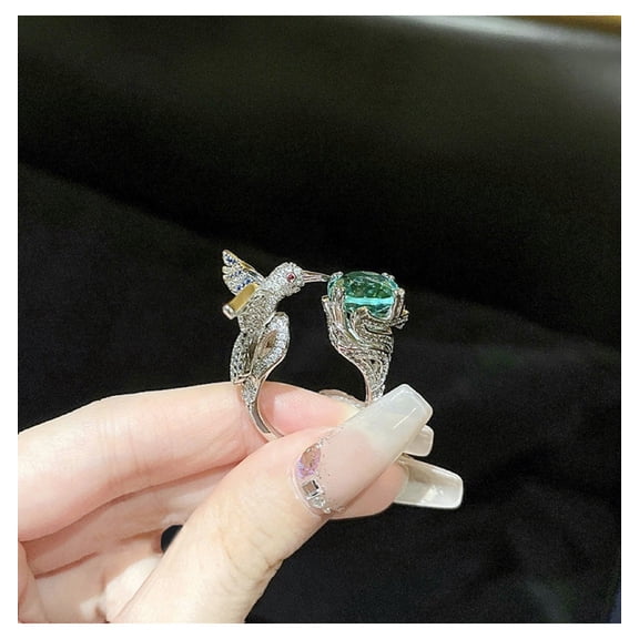 Oil Painting Peacock Green Diamond Bird Ring