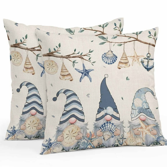 Outdoor Waterproof Pillow Covers Blue Gnome on Vintage Linen Decorative Throw Pillow Protectors for Patio Sofa Garden Couch,18x18in 2 Pack