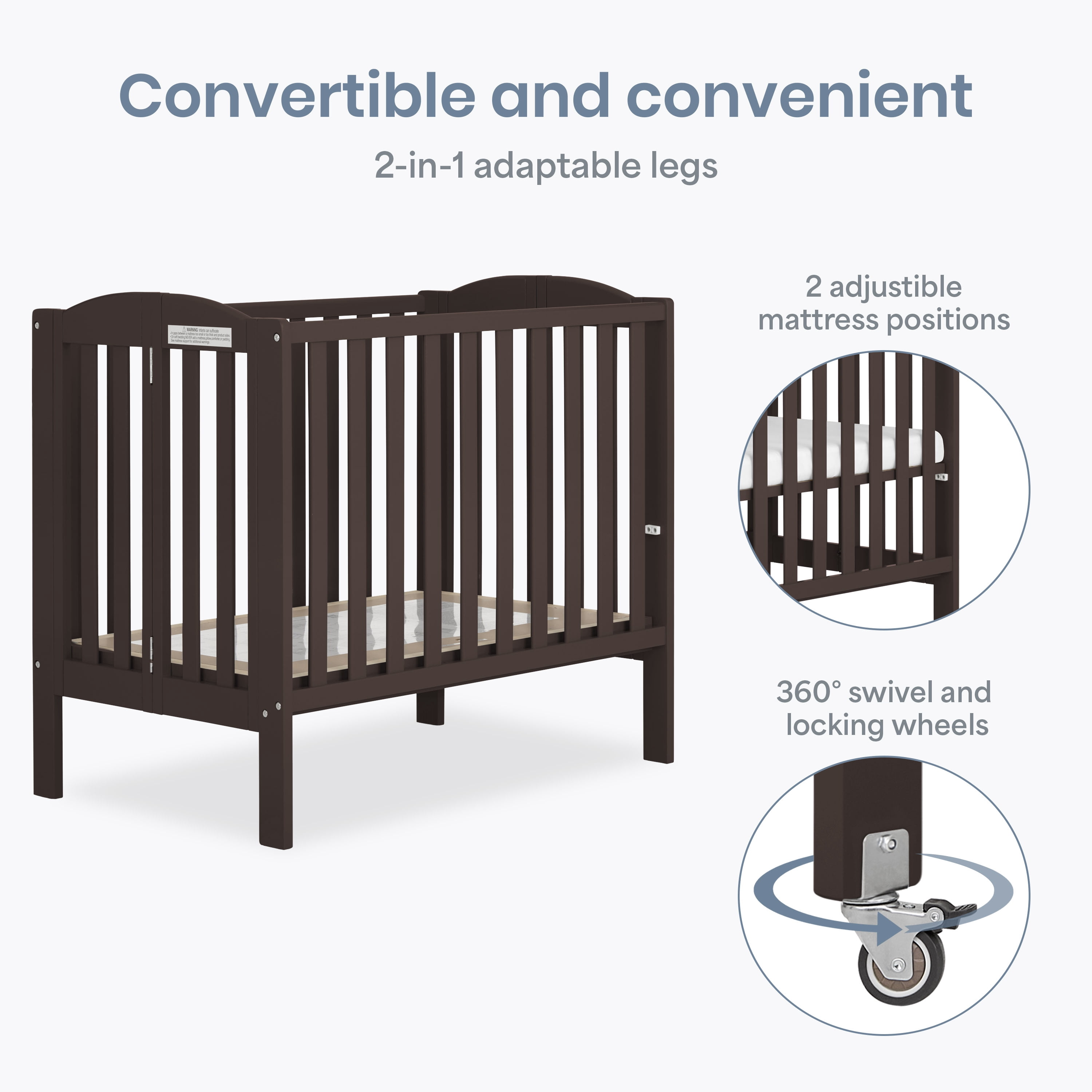 Dream On Me 2-in-1 Folding Portable Mini Crib, Chocolate Chip
