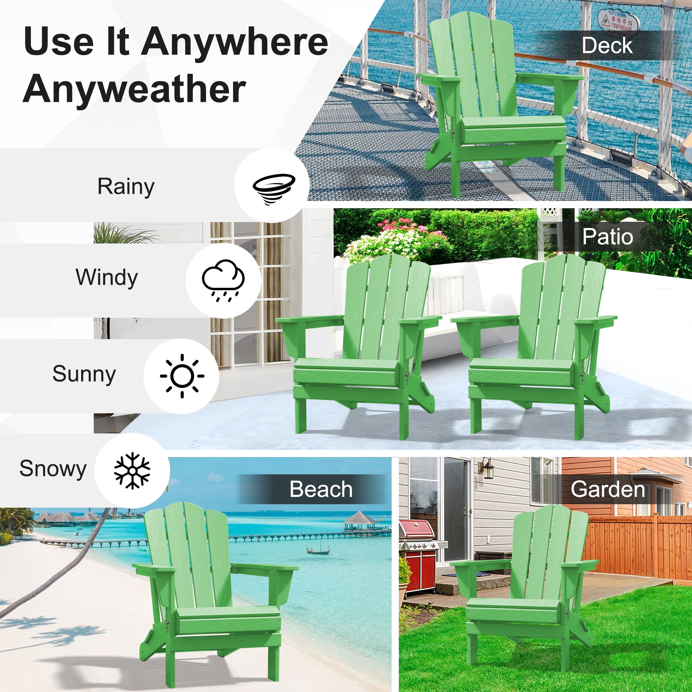 JUSTLET Adirondack Chair, Plastic Folding Outdoor Patio Chairs, Outside HDPE Chairs for Lawn, Yard, Light Green