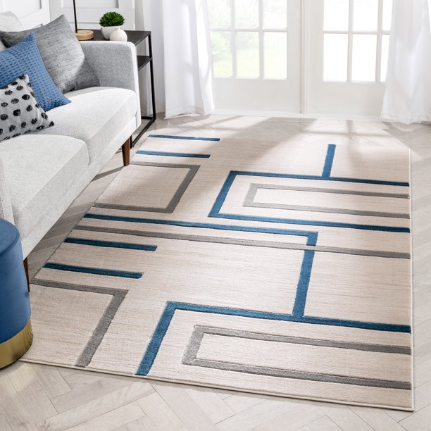 Well Woven Fiora Blue Modern Geometric Stripes & Boxes Pattern Area Rug