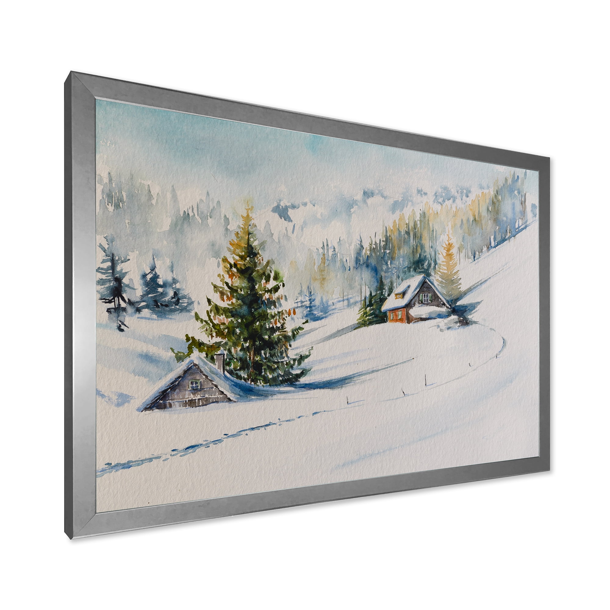 Designart 'The Winter Mountains With Little House' Traditional Framed Art Print