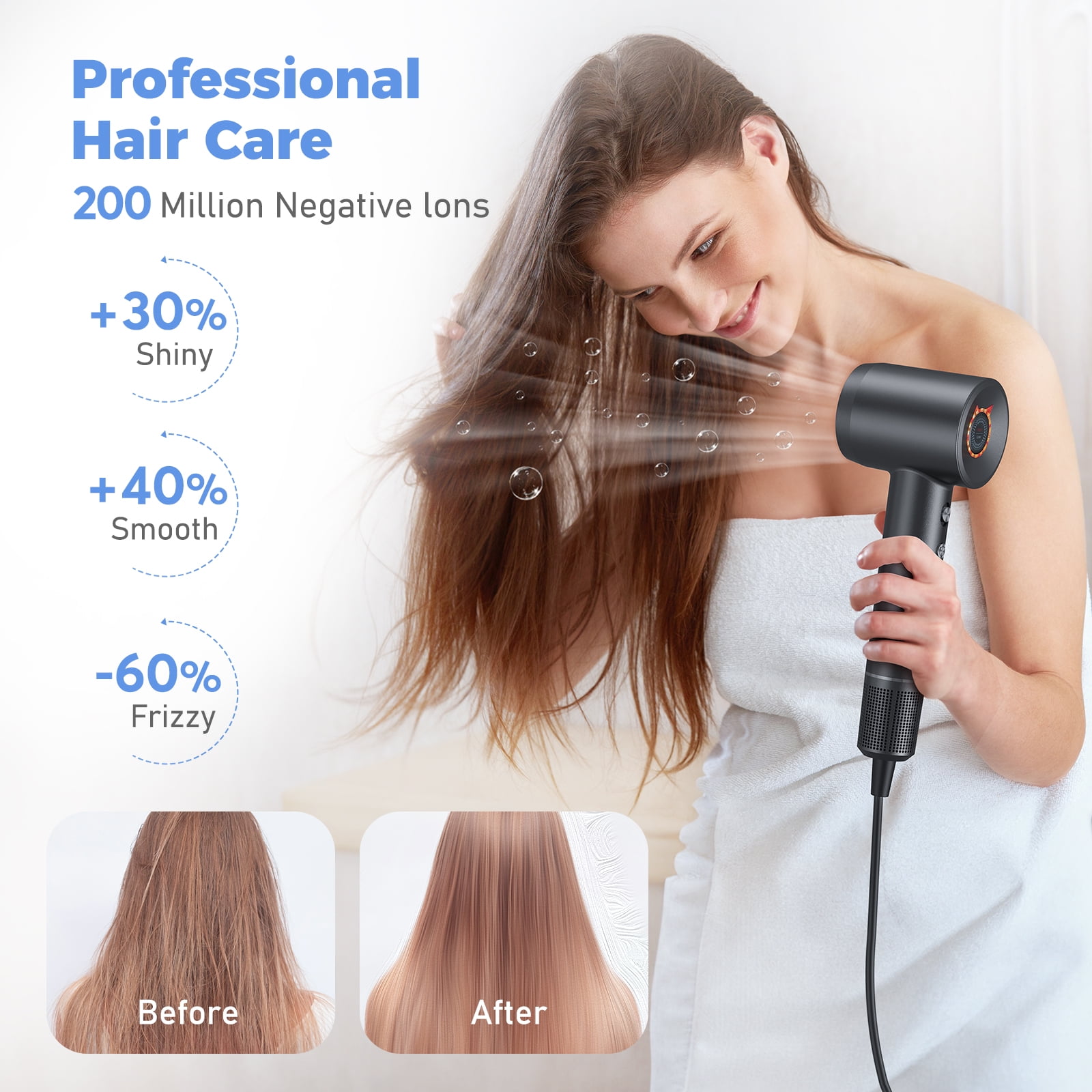 High Speed Hair Dryer-Bopcal Blow Dryer with 4 Temps & 2 Speeds,200 Million Negative Ions Hair Dryer for Home, Travel and Gift Choice(Black)