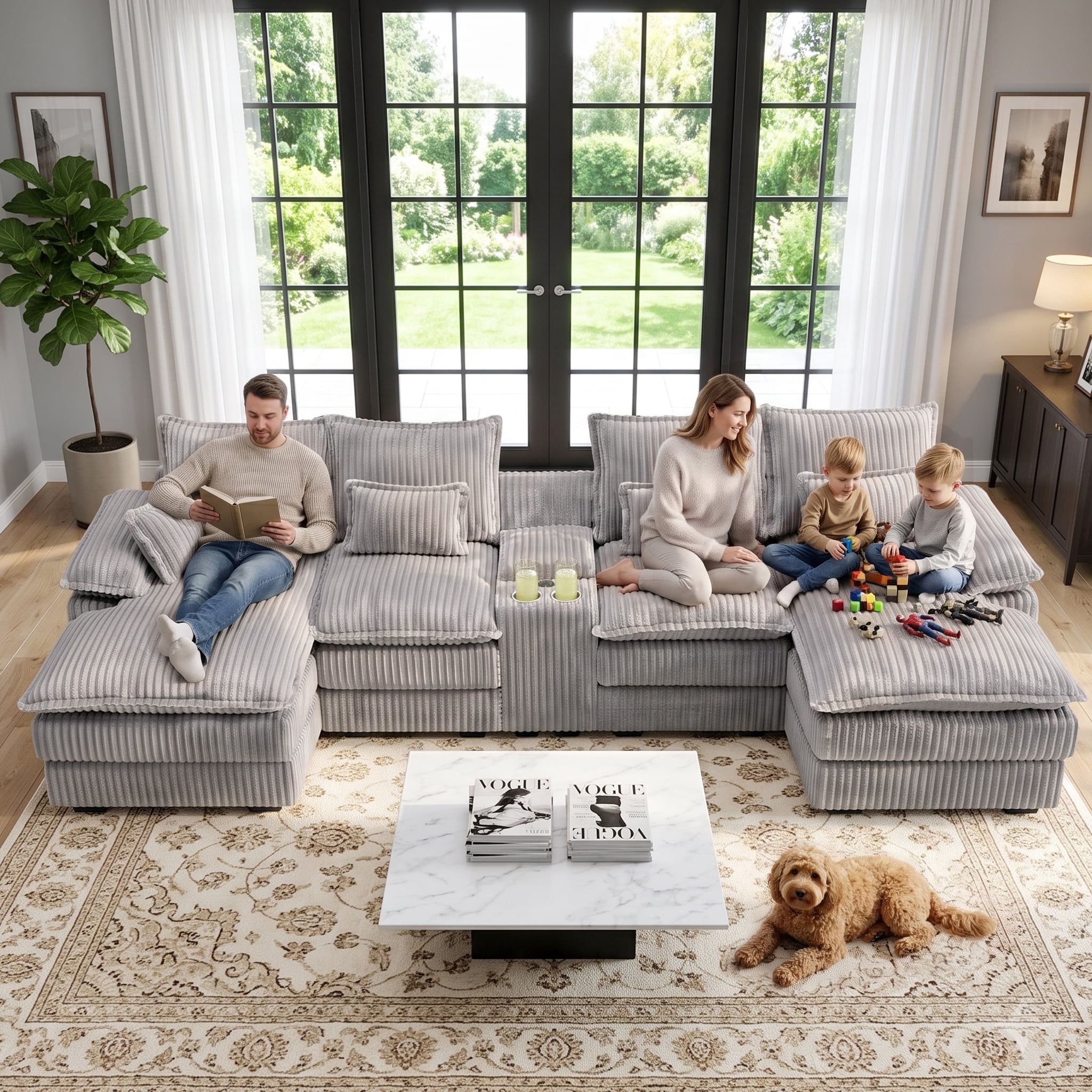 Wakefit 125" U Shaped Sectional Couch, Oversized Modular Sectional Sofa, 5 Seater Corduroy Cloud Couch with Hidden Storage, USB Ports & Cup Holders for Living Room, Light Gray