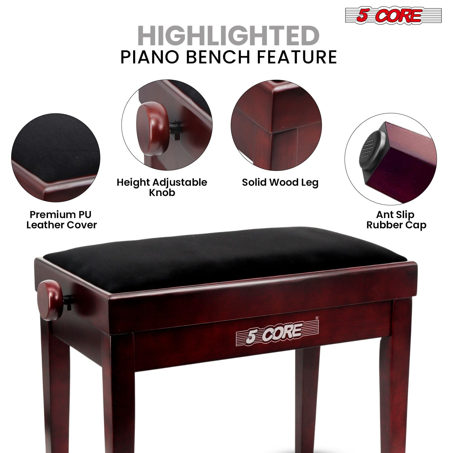 Adjustable Piano Bench Thick 3.25" Solid Wood Keyboard Stool Heavy Duty Musician Chair