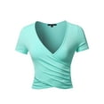 thumbnail image 2 of A2Y Women's Deep V-Neck Short Sleeve Unique Slim Fit Cross Wrap Shirt Crop Tops Mint L, 2 of 6