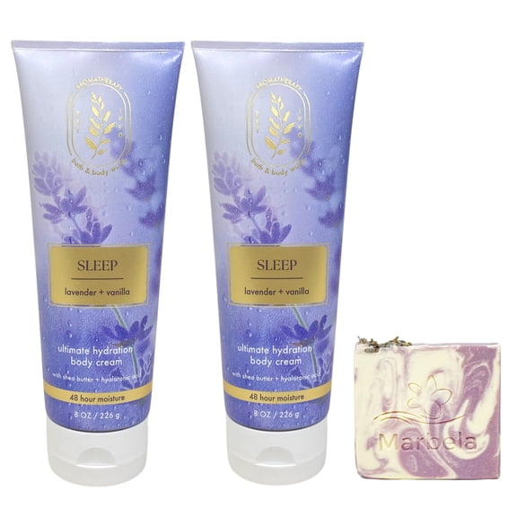 Bath & Body Works Aromatherapy Sleep Lavender Vanilla 2 Ultimate Hydration Body Creams with a Lavender Dream Bar Soap.