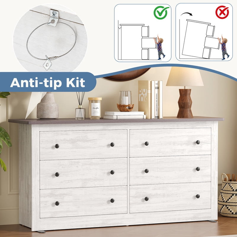 Gianna Dresser for Bedroom with 6 Drawers 59 Inch Chest of Drawers Wooden Dressers for Closet Living Room，White